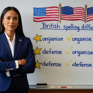 woman stands front white board with words british national english written it scaled